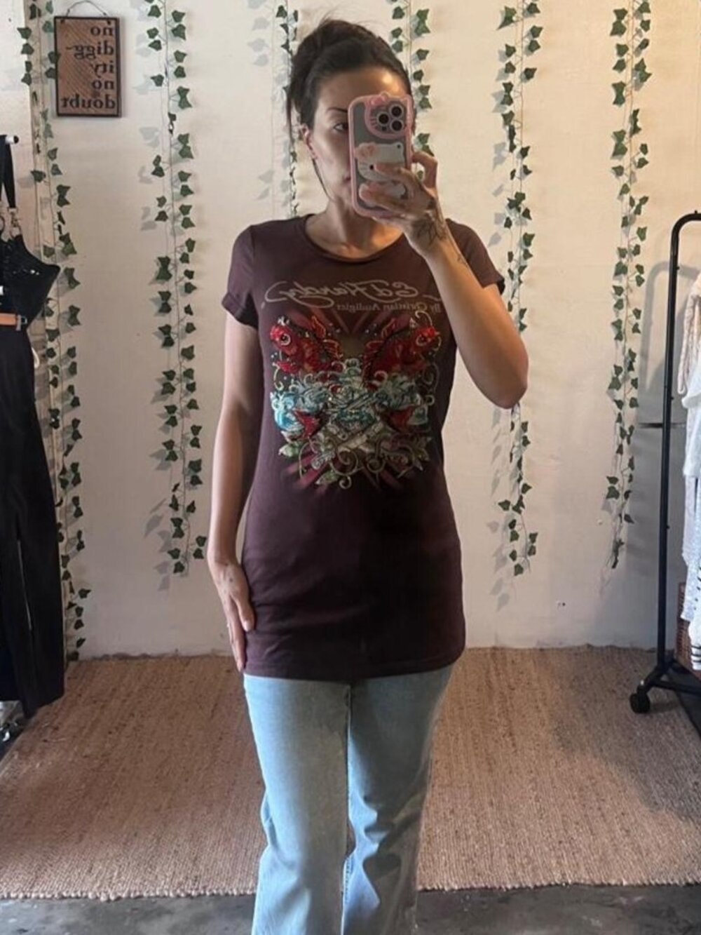 Vintage Y2K Ed Hardy brown graphic tee with rhinestone koi fish